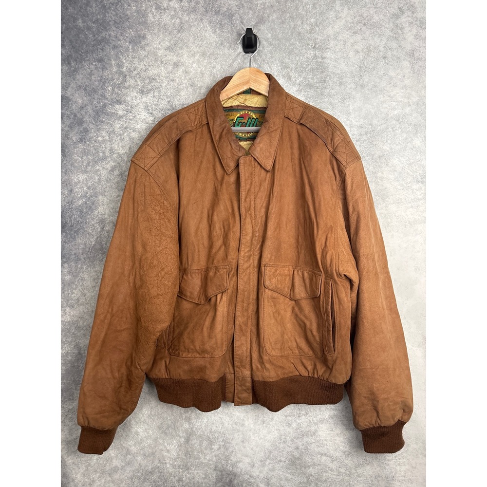 G-111 Global Identity Brown Leather Map Lined Bomber Jacket Size XL VTG